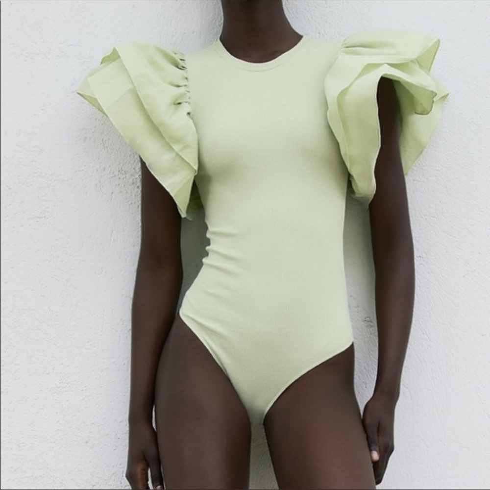 Zara Green Ruffle Sleeve Bodysuit Top